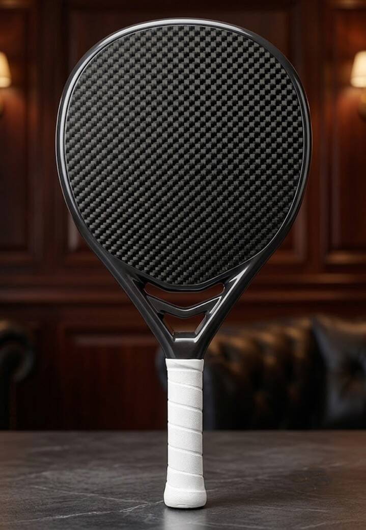 Pala de pádel color negro brillo terminación en carbono visto.