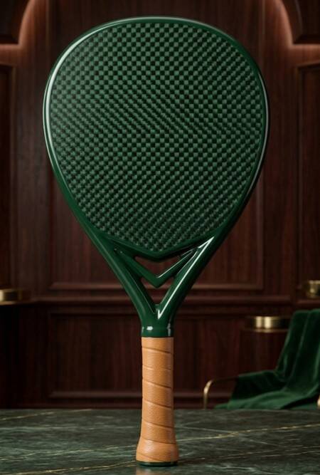 Green carbon fibre padel racket with matching frame and tan grip, bespoke racket design