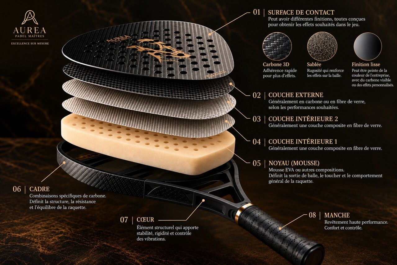 Structure interne et composants d'une raquette de padel : surface, couches, noyau, cadre, cœur et manche