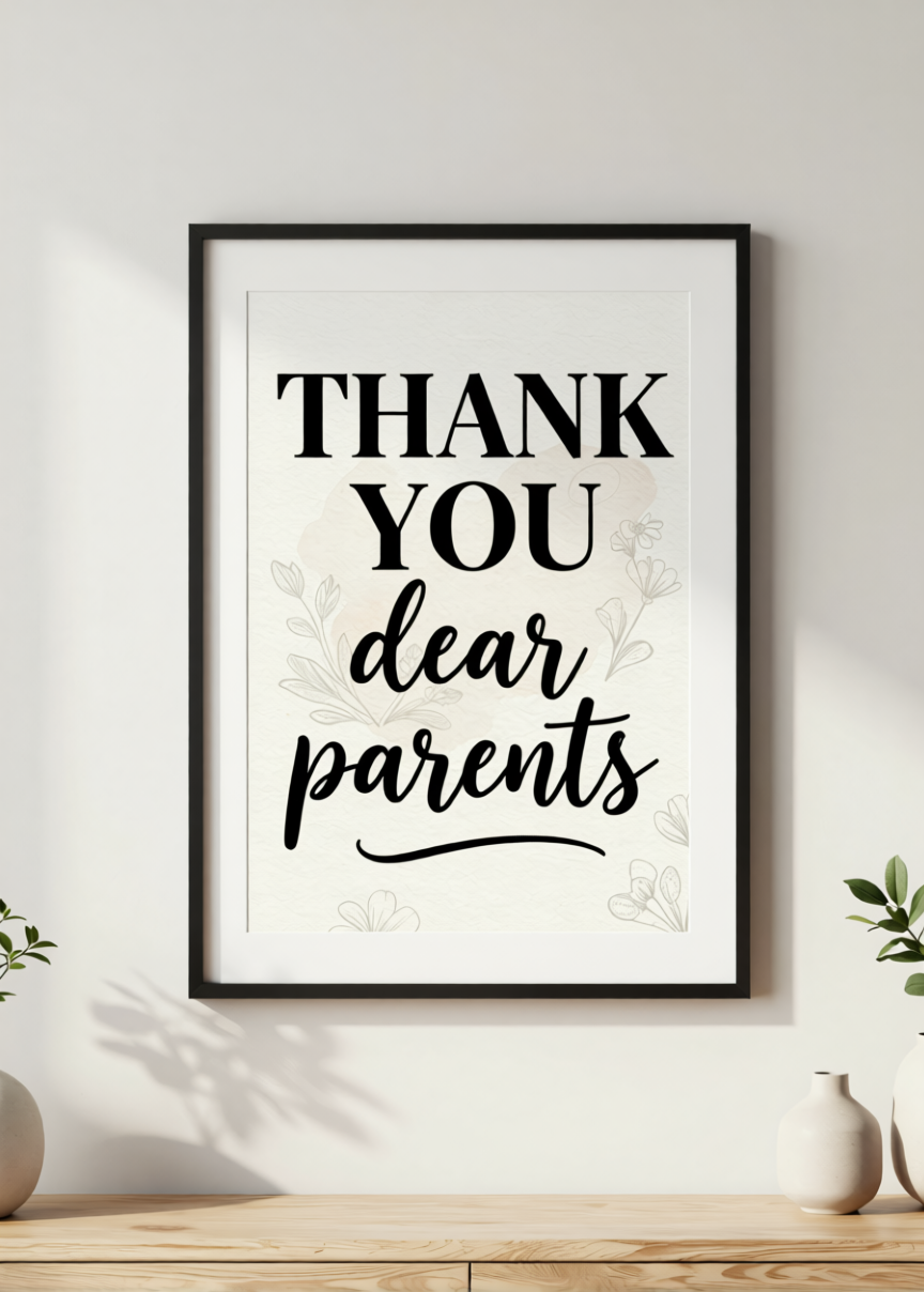 Typography Thank You Parents Wall Art Print – Elegant Serif & Script Quote Poster, Minimalist Family Appreciation Decor