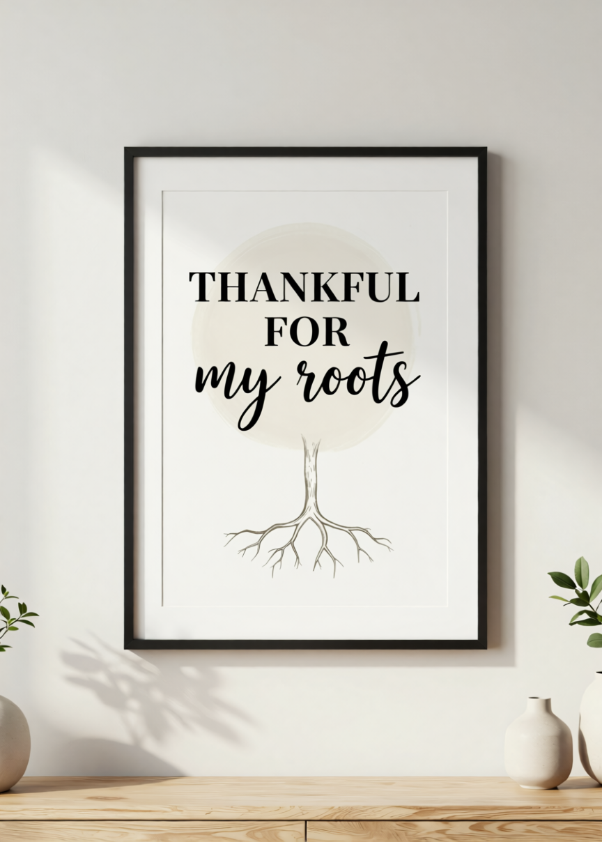 Typography Thankful Roots Parents Wall Art – Minimalist Family Quote Poster