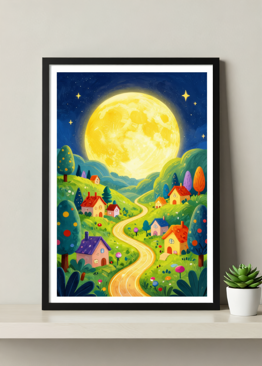 Moonlit Village – Whimsical Wall Art Print (A3 / A4 / A5 / A6) – Fairy Tale, Cottagecore, Dreamy Decor