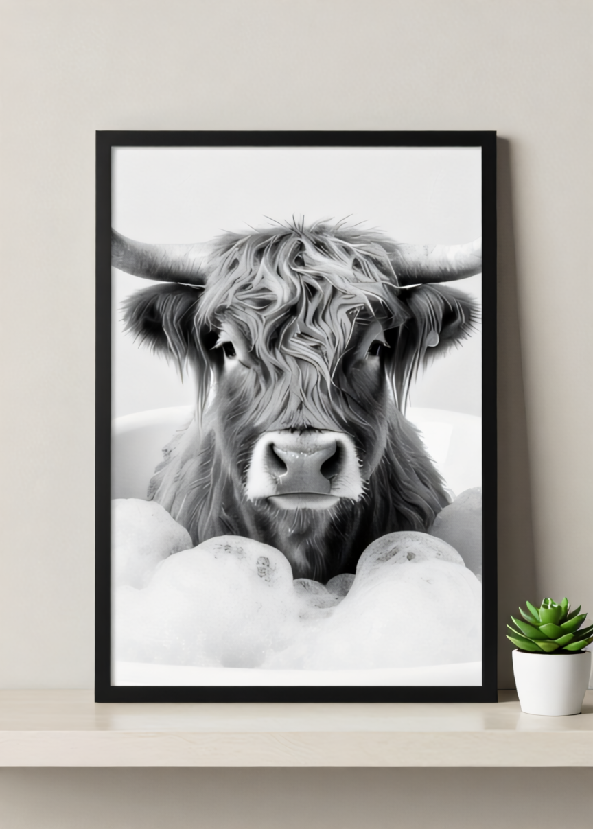 Bubble Bovine – Monochrome Highland Cow Print – Farmhouse Decor, Unique Wall Art, Black & White Wall Art