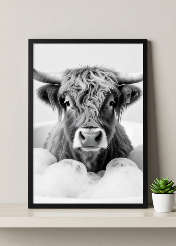 Bubble Bovine – Monochrome Highland Cow Print – Farmhouse Decor, Unique Wall Art, Black & White Wall Art