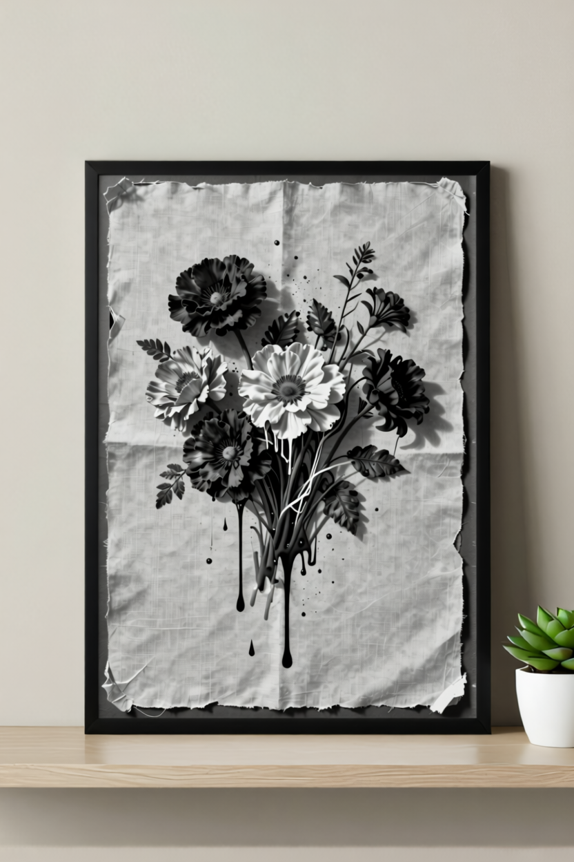 Ephemeral Bloom – Black & White Floral Wall Art Print – Vintage Decay Decor