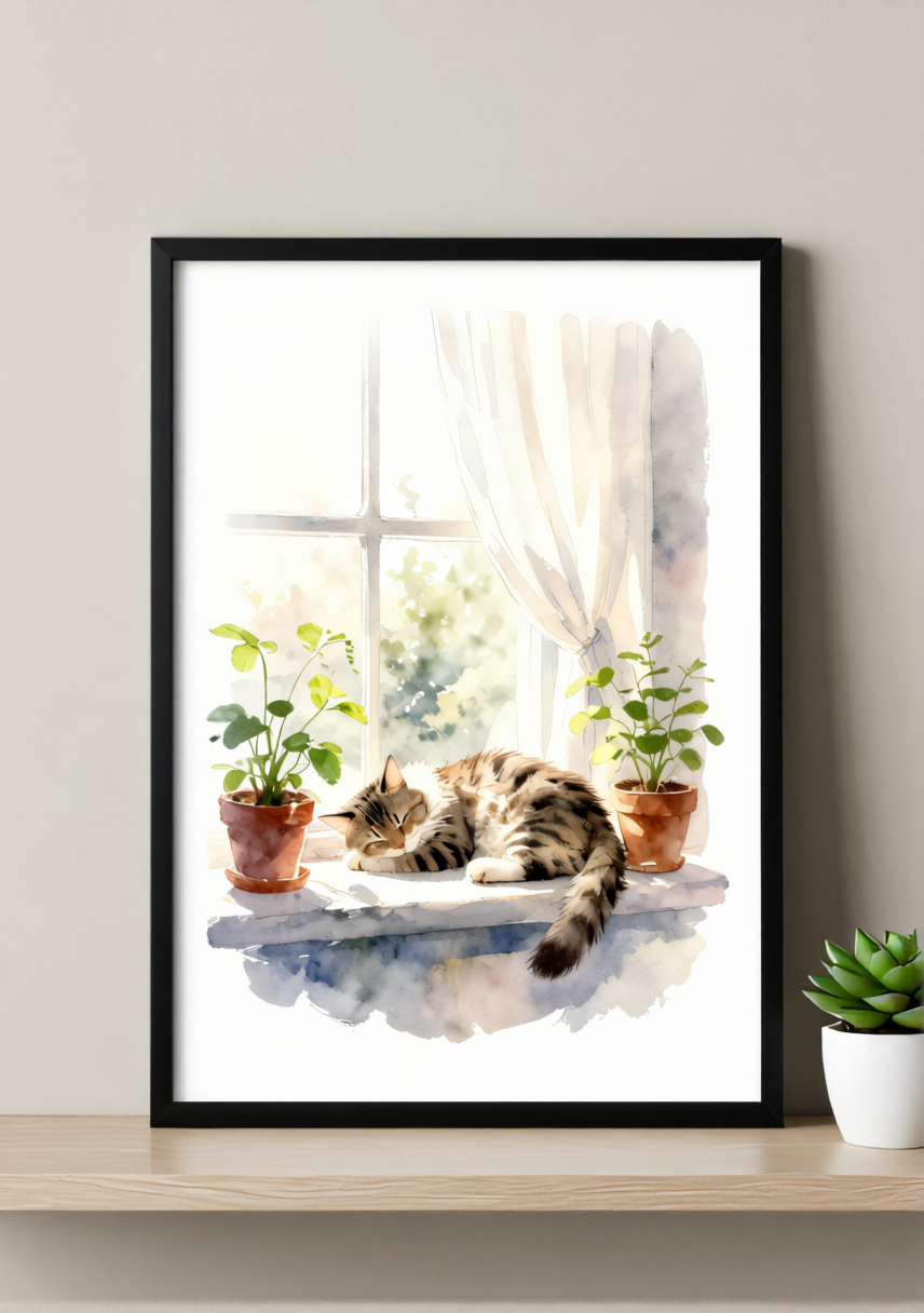 Cozy Window Cat Art Print – Soft Watercolor, Available Framed or Unframed