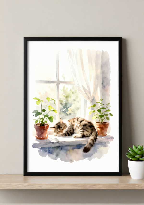 Cozy Window Cat Art Print – Soft Watercolor, Available Framed or Unframed