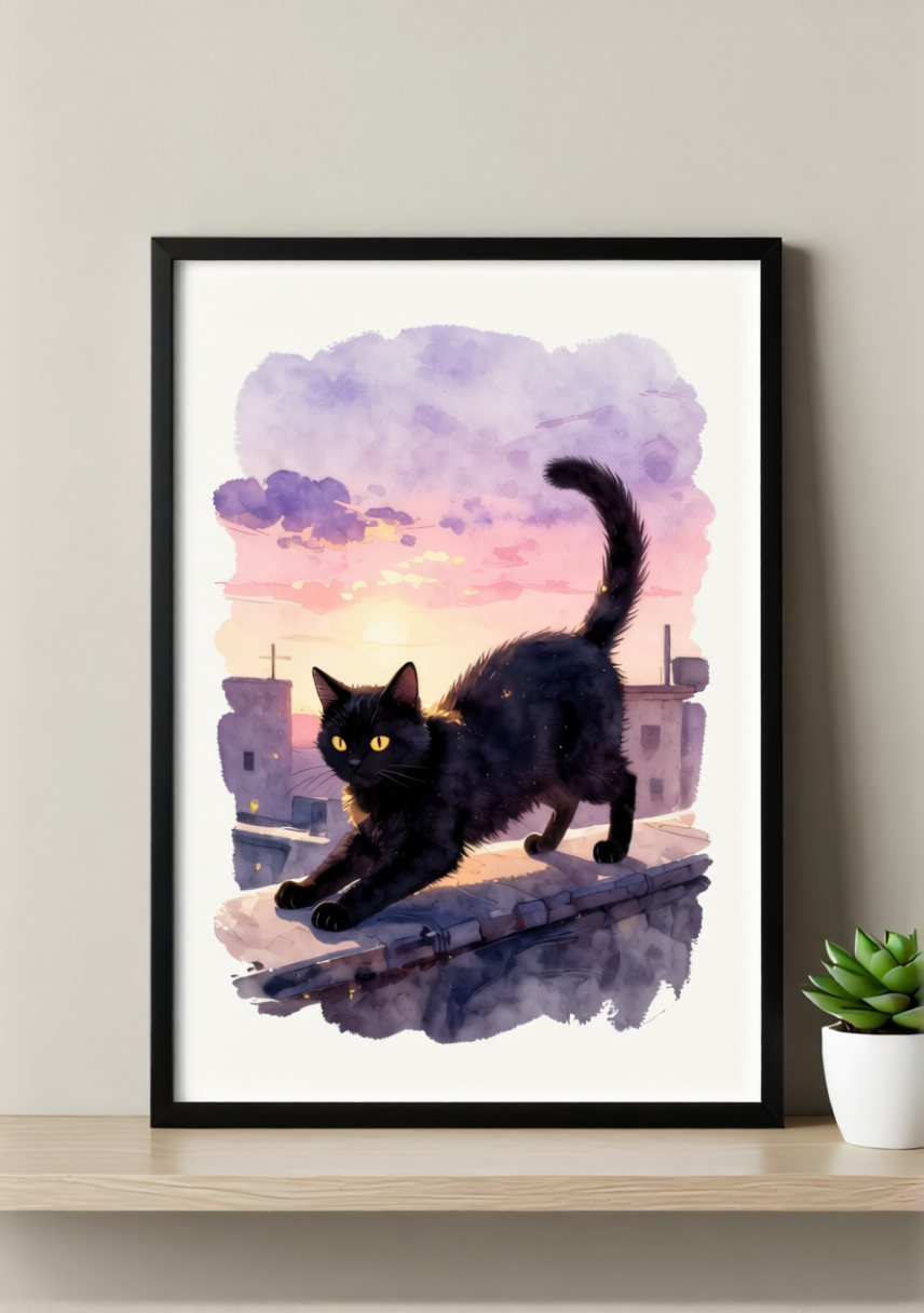 Mystical Black Cat Sunset Art Print – Vibrant Watercolor, Available Framed or Unframed