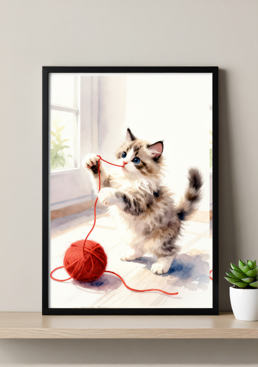 Playful Kitten with Yarn Art Print – Soft Watercolor, Available Framed or Unframed