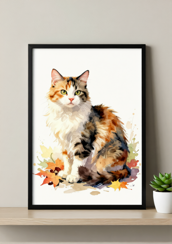 Autumn Calico Cat Art Print – Soft Watercolor, Available Framed or Unframed