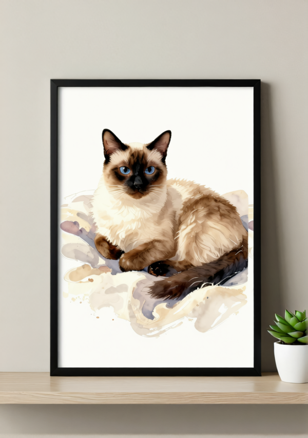 Siamese Cat Art Print – Soft Watercolor, Available Framed or Unframed