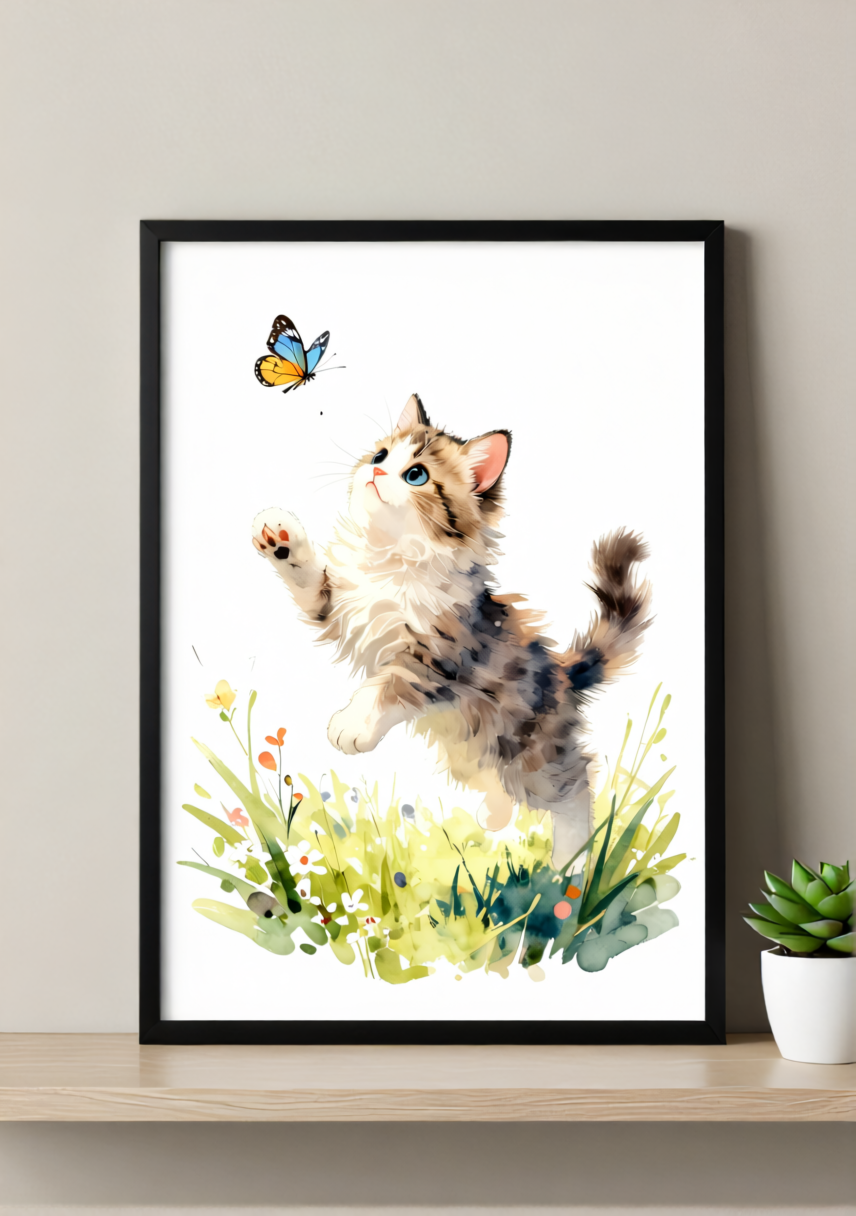 Playful Kitten Art Print – Soft Watercolor, Available Framed or Unframed