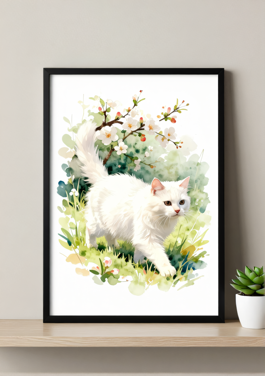 White Cat in Blossom Art Print – Soft Watercolor, Available Framed or Unframed