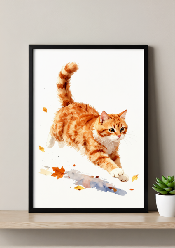 Ginger Cat Autumn Art Print – Soft Watercolor, Available Framed or Unframed