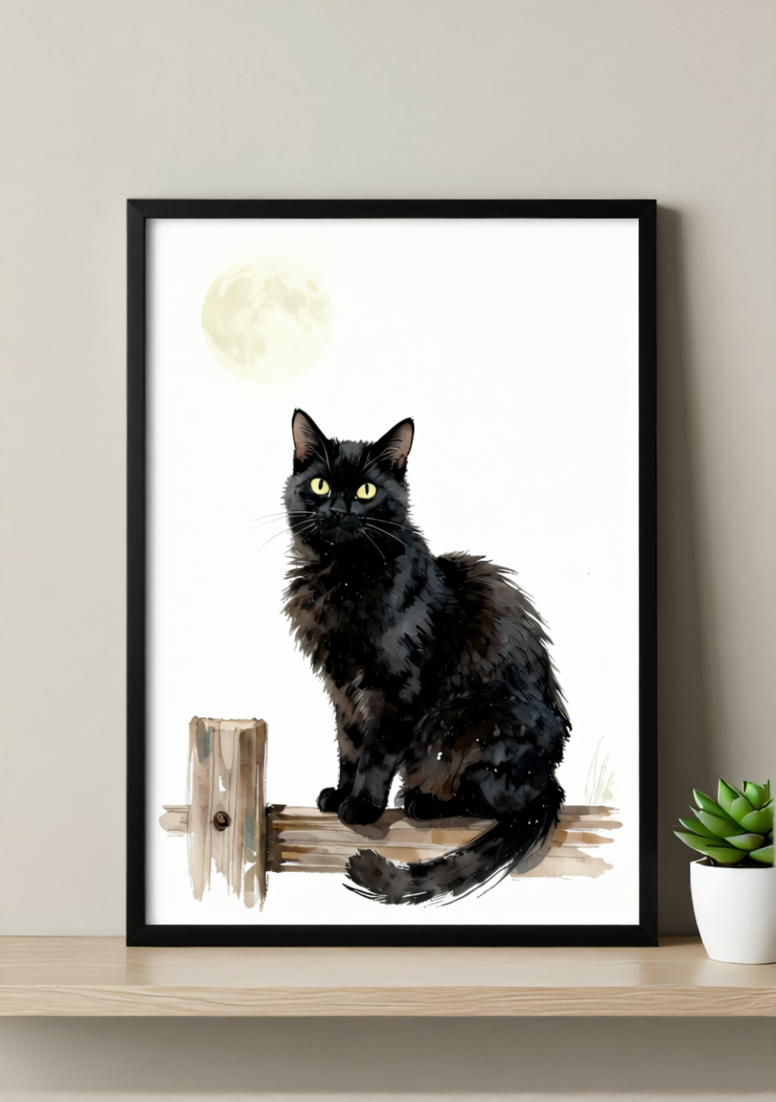 Black Cat Moon Art Print – Soft Watercolor, Available Framed or Unframed