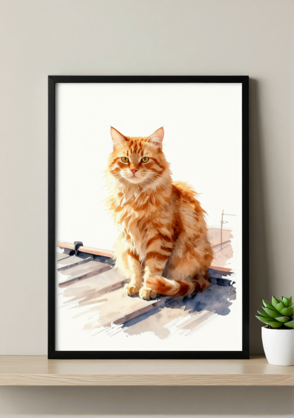 Ginger Cat Rooftop Art Print – Soft Watercolor, Available Framed or Unframed