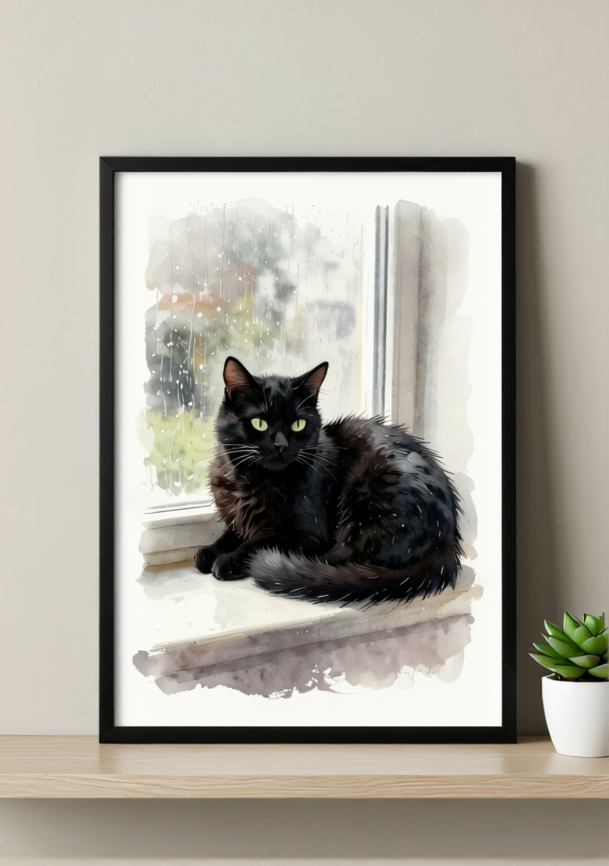 Rainy Day Cat Art Print – Soft Watercolor, Available Framed or Unframed