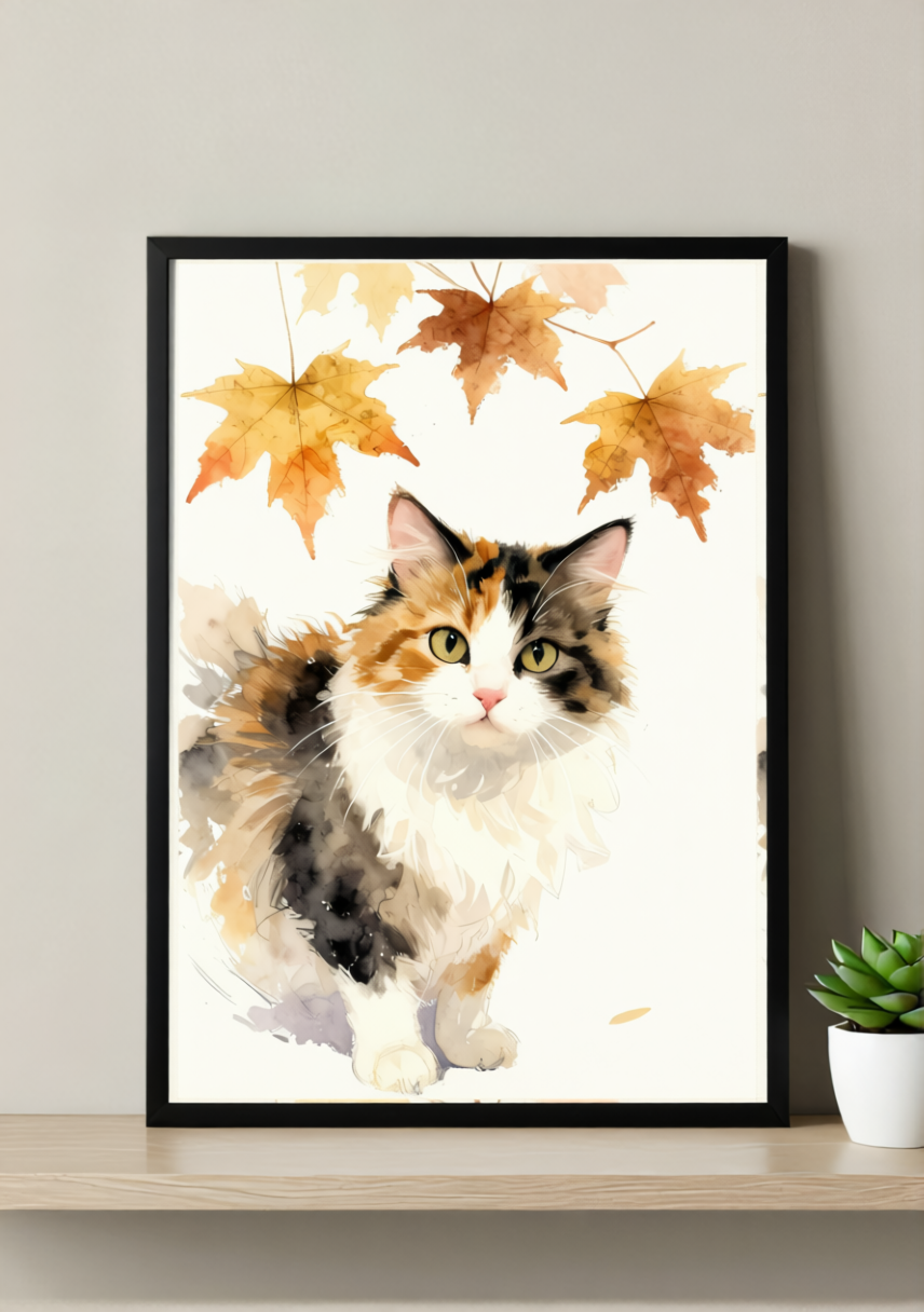 Autumn Calico Cat Art Print – Soft Watercolor, Available Framed or Unframed