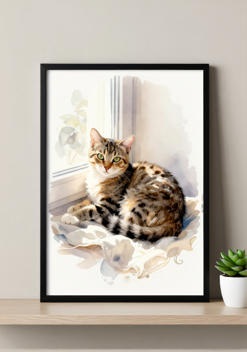 Spotted Tabby Cat Art Print – Soft Watercolor, Available Framed or Unframed