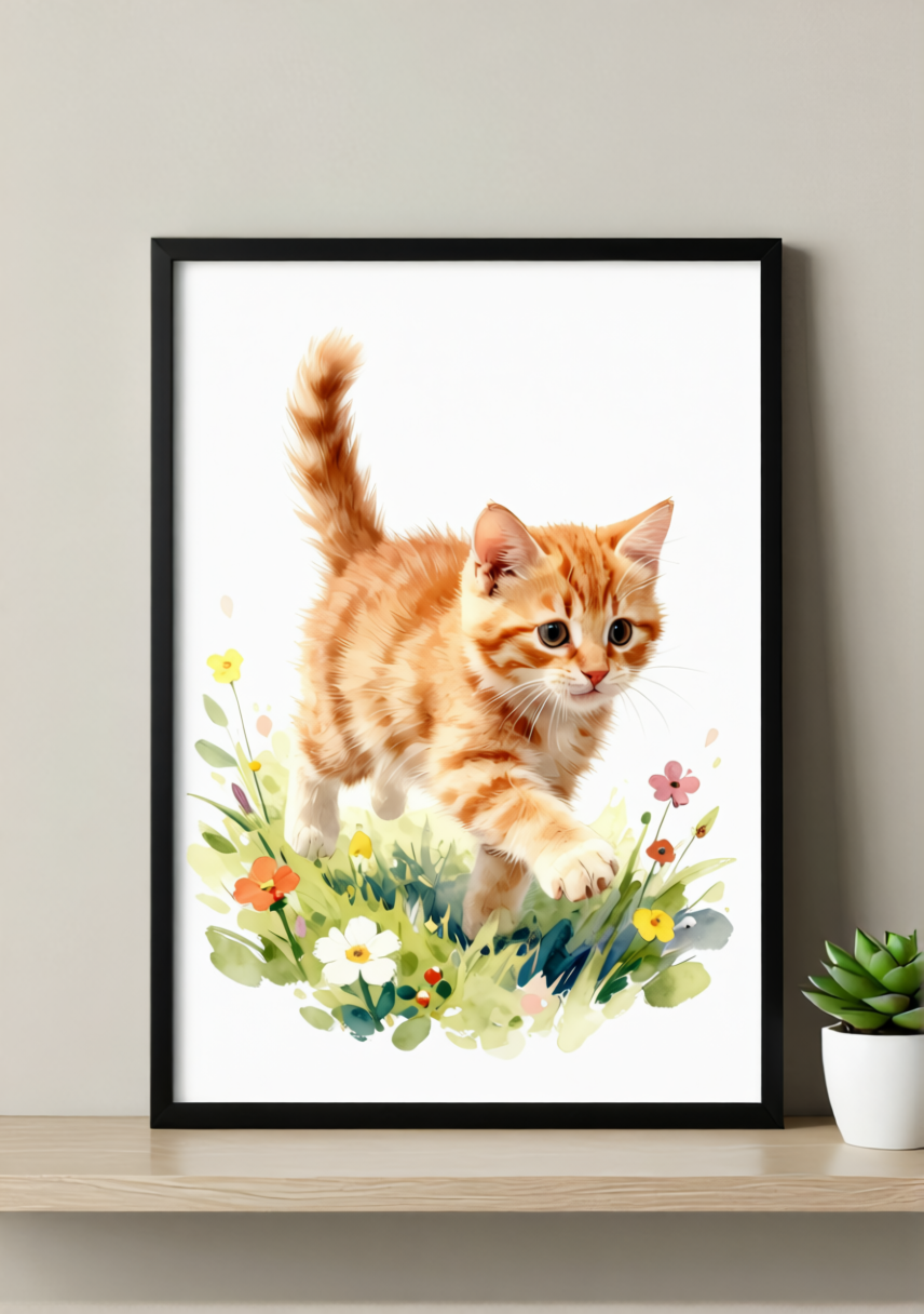 Ginger Kitten Garden Art Print – Soft Watercolor, Available Framed or Unframed
