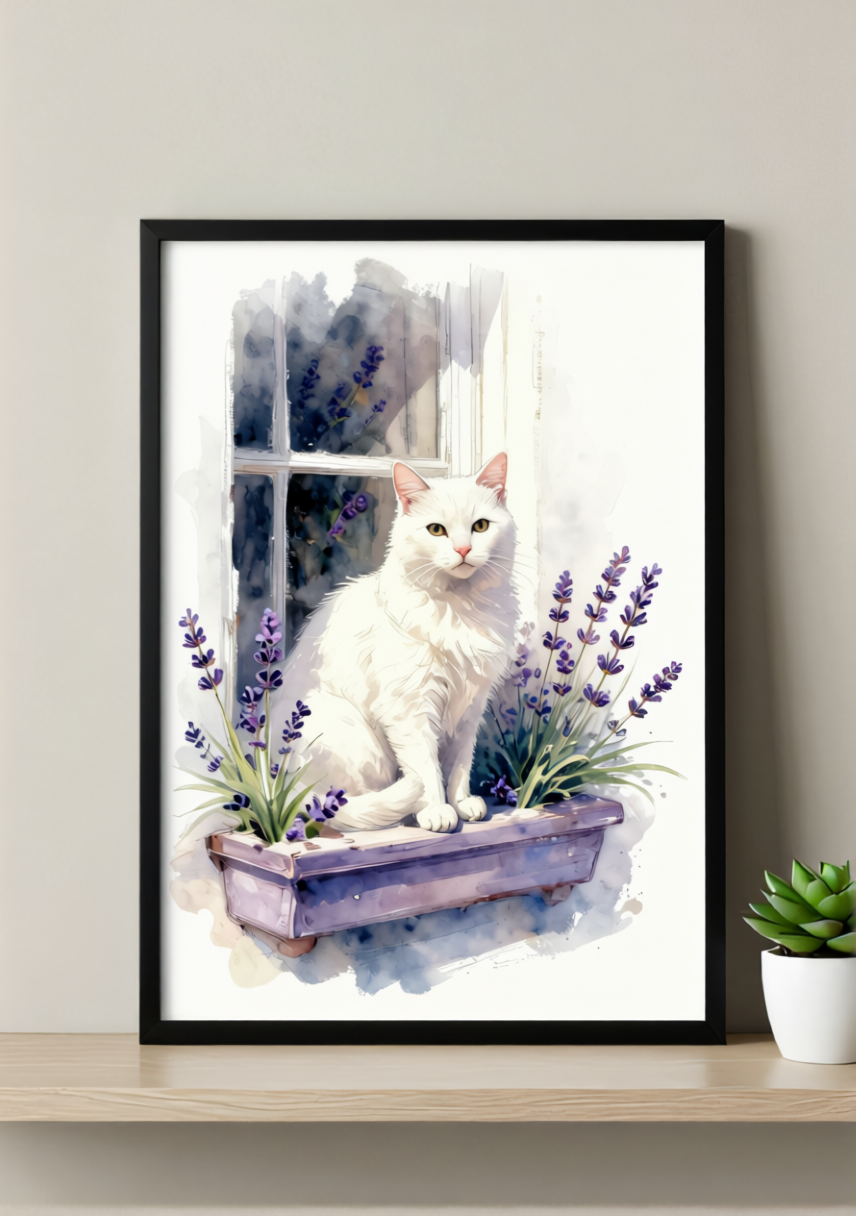 White Cat with Lavender Art Print – Soft Watercolor, Available Framed or Unframed