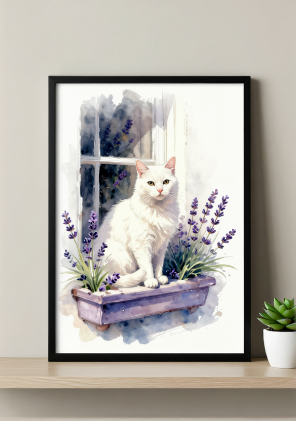White Cat with Lavender Art Print – Soft Watercolor, Available Framed or Unframed