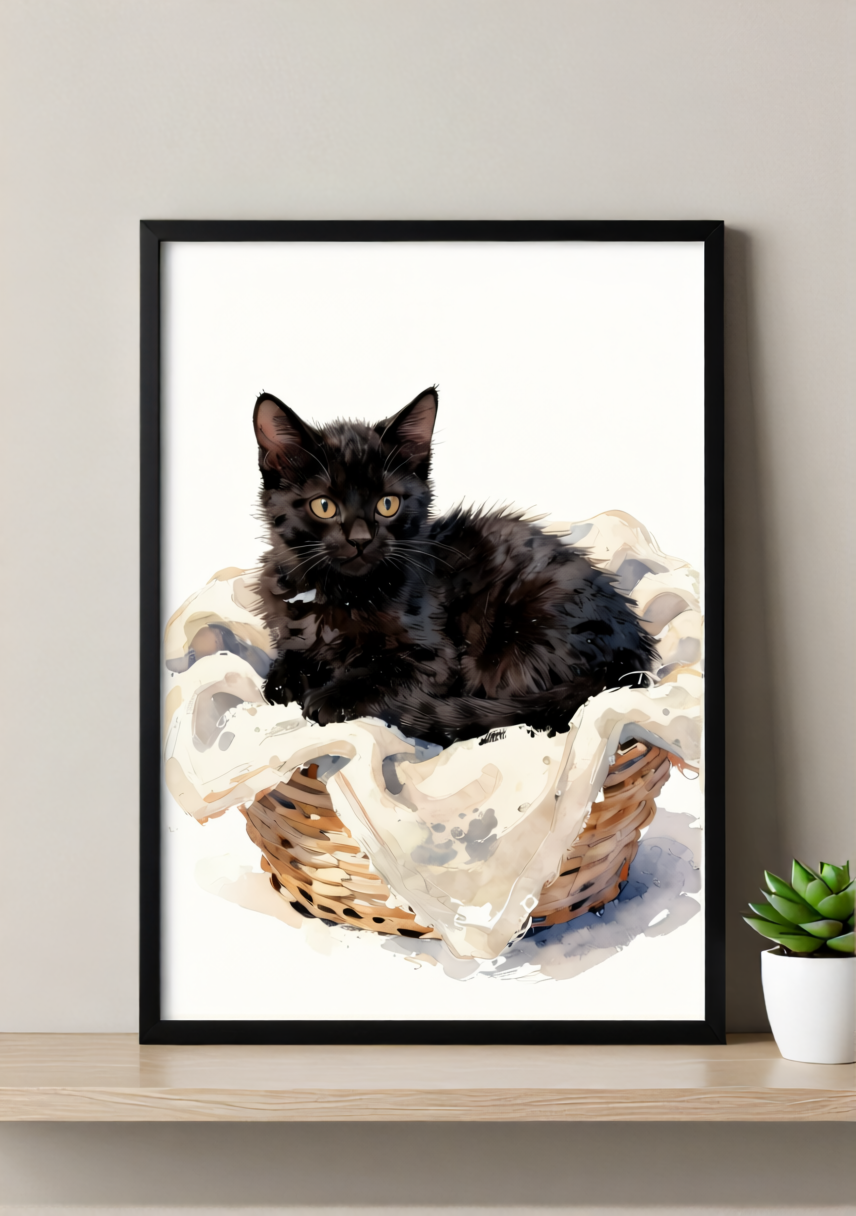 Black Cat in Basket Art Print – Soft Watercolor, Available Framed or Unframed