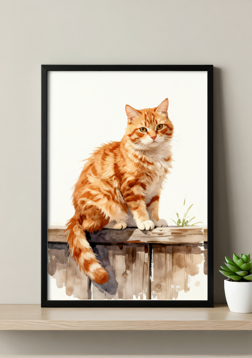 Ginger Cat Fence Art Print – Warm Watercolor, Available Framed or Unframed