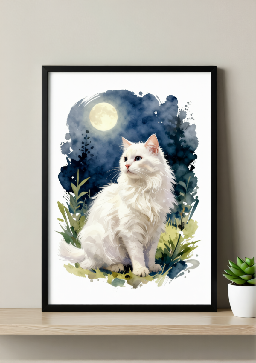 White Cat Moonlight Art Print – Ethereal Watercolor, Available Framed or Unframed
