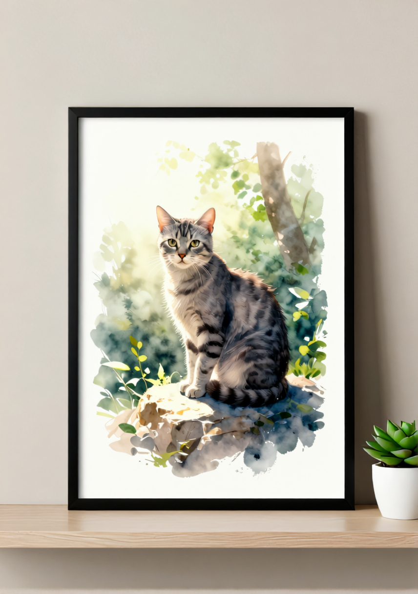 Silver Tabby Forest Art Print – Natural Watercolor, Available Framed or Unframed