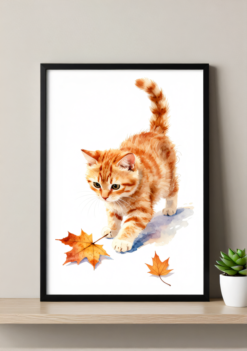 Ginger Kitten Autumn Art Print – Playful Watercolor, Available Framed or Unframed