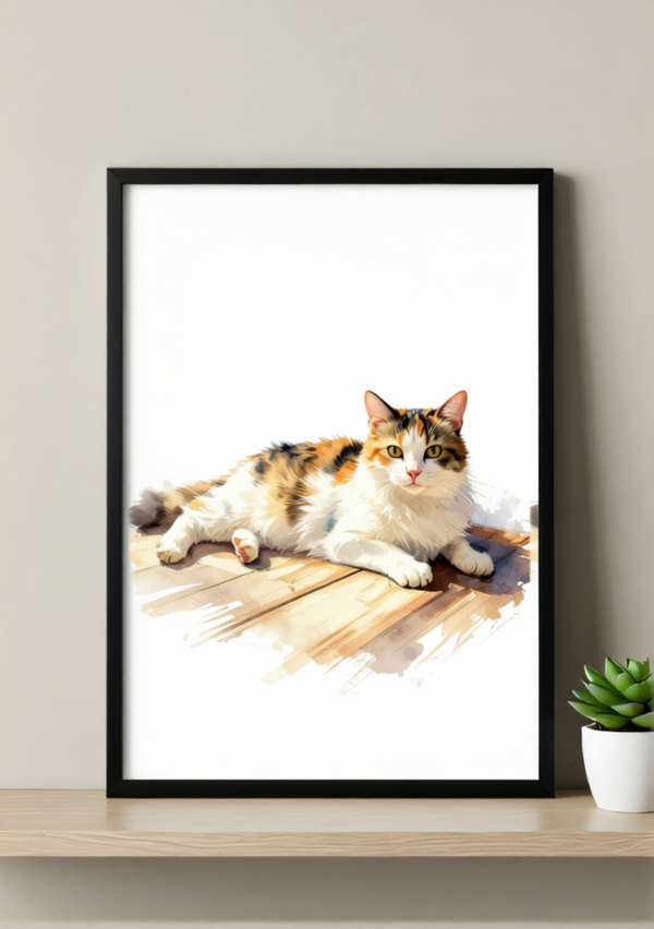Calico Cat Sunbather Art Print – Bright Watercolor, Available Framed or Unframed