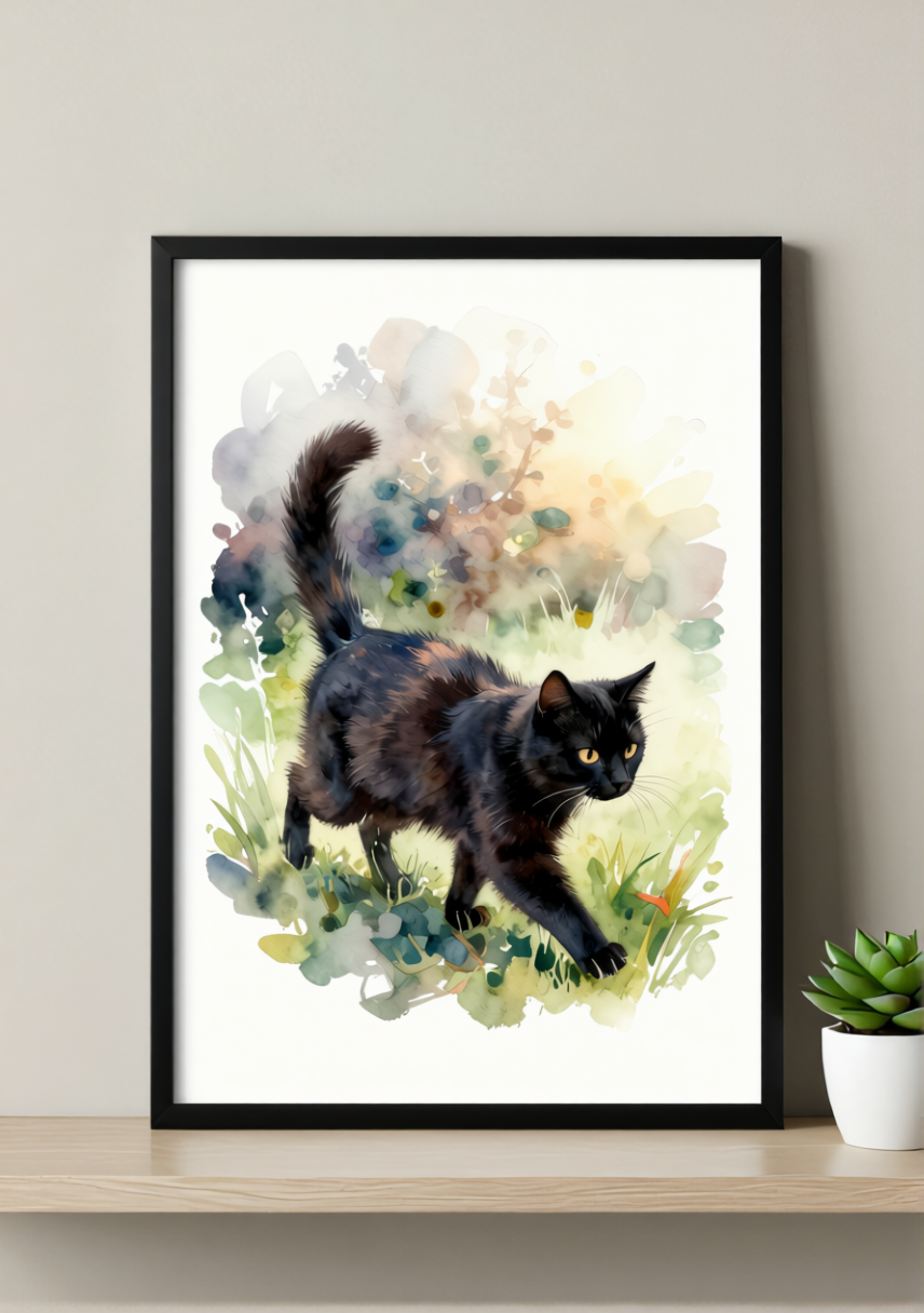 Black Cat Meadow Art Print – Wild Watercolor, Available Framed or Unframed