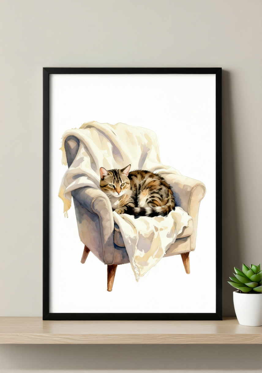 Tabby Cat Armchair Art Print – Cozy Watercolor, Available Framed or Unframed