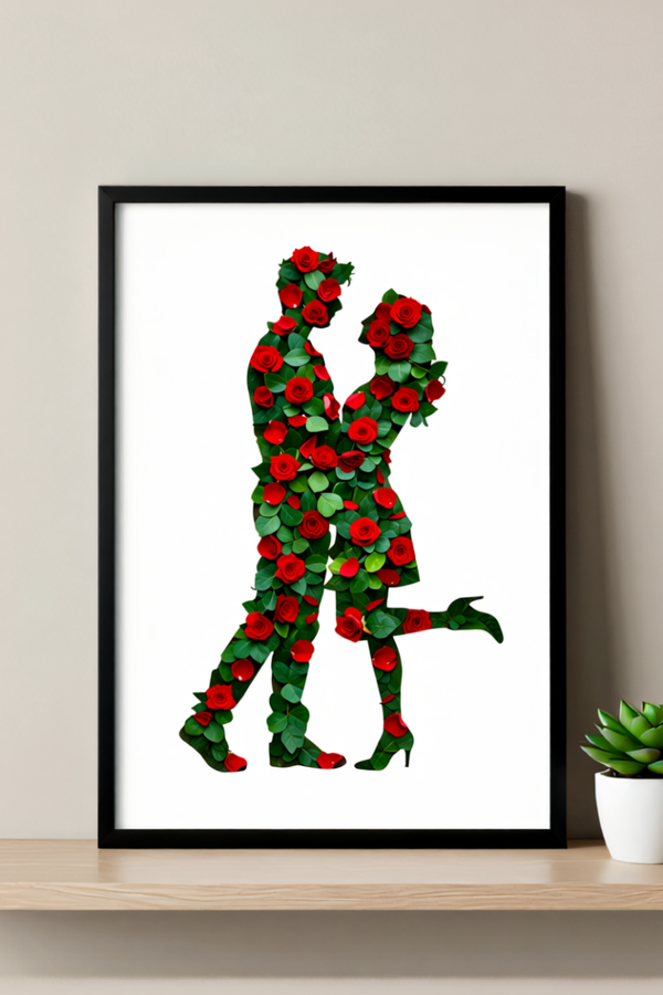 Rose Tango Dancers Art Print – Botanical Silhouette, Available Framed or Unframed