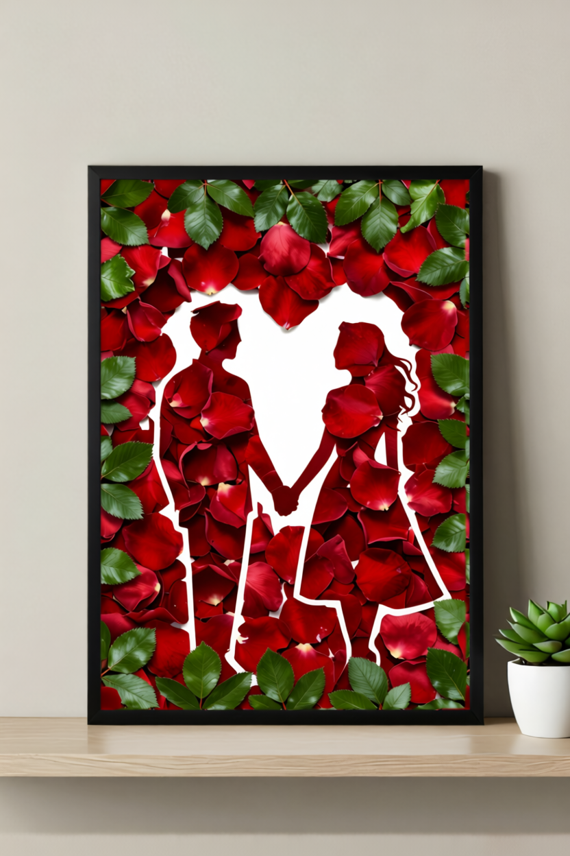 Rose Petal Heart Couple Art Print – Negative Space Design, Available Framed or Unframed