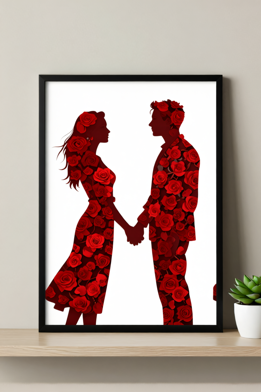 Rose Union Couple Art Print – Romantic Handhold Design, Available Framed or Unframed