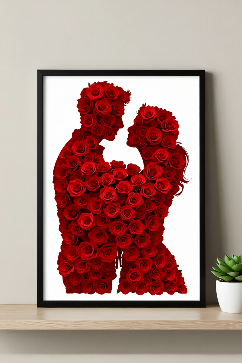 Rose Embrace Couple Art Print – Passionate Kiss Design, Available Framed or Unframed