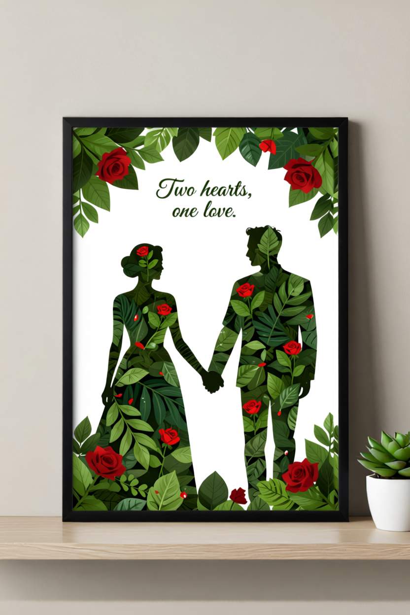 Two Hearts, One Love" – Botanical Couple Art Print
