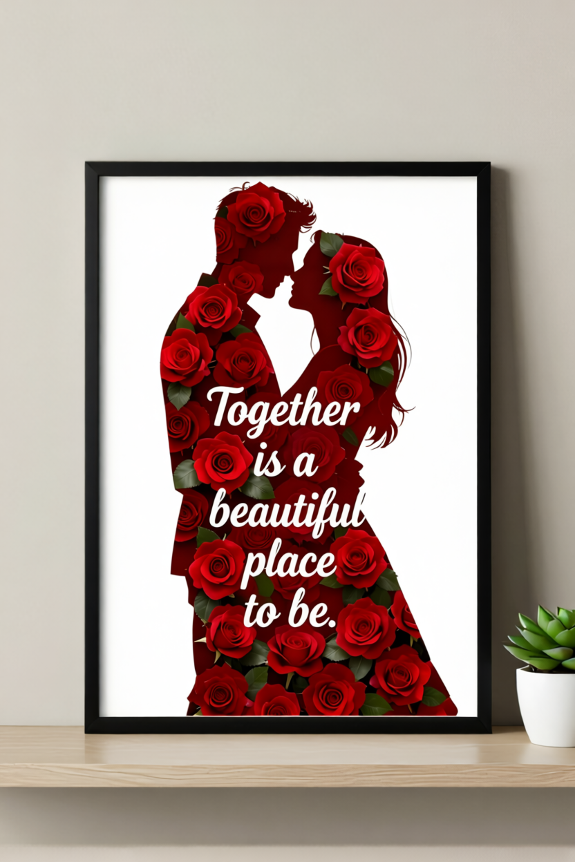 "Together Is a Beautiful Place" – Embracing Rose Couple Art Print