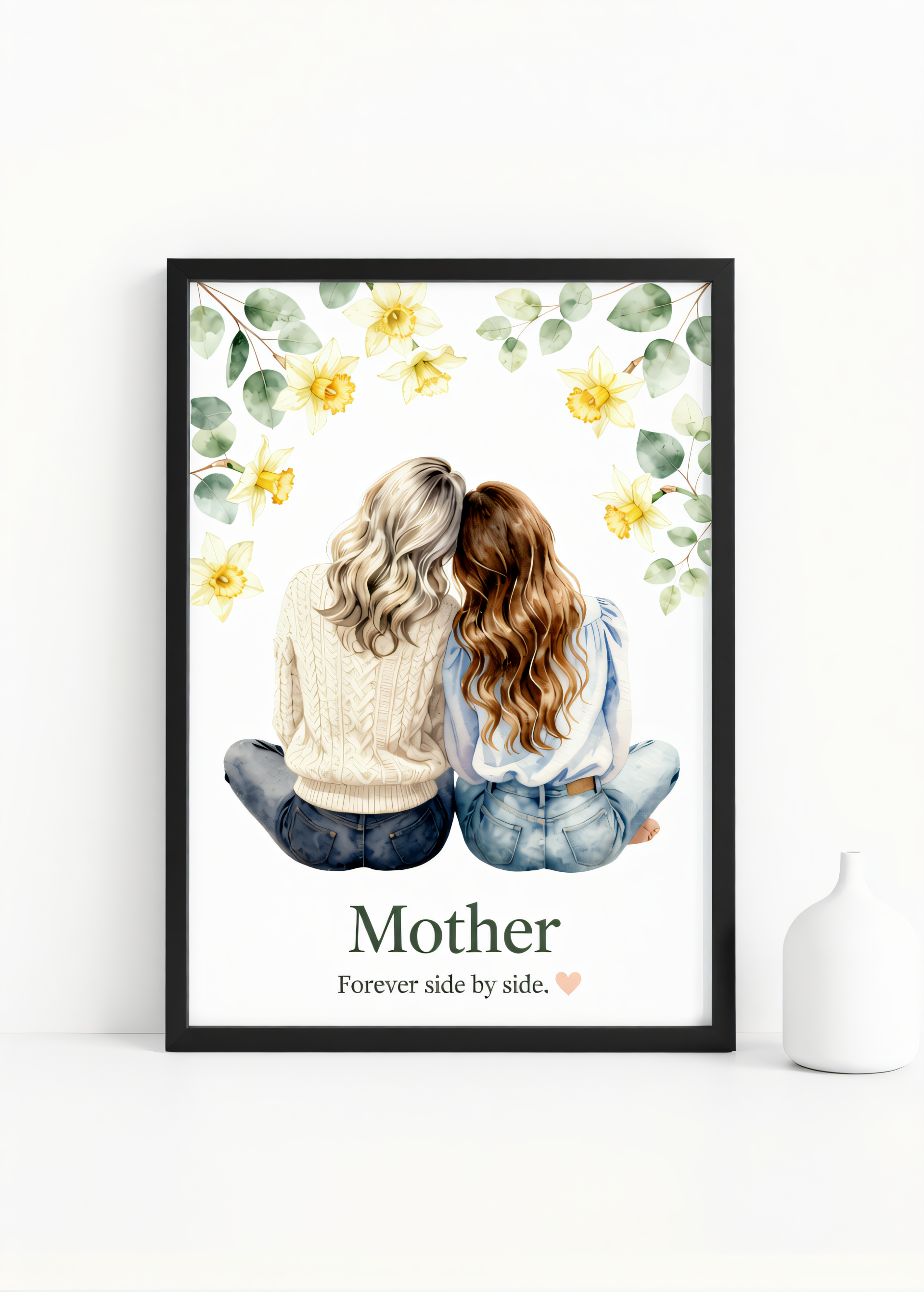 Mother Forever Side by Side” — Watercolor Mother Daughter Wall Art Print | 230gsm Matte Paper | Available in A6, A5, A4 & A3 Sizes | Framed or Unframed
