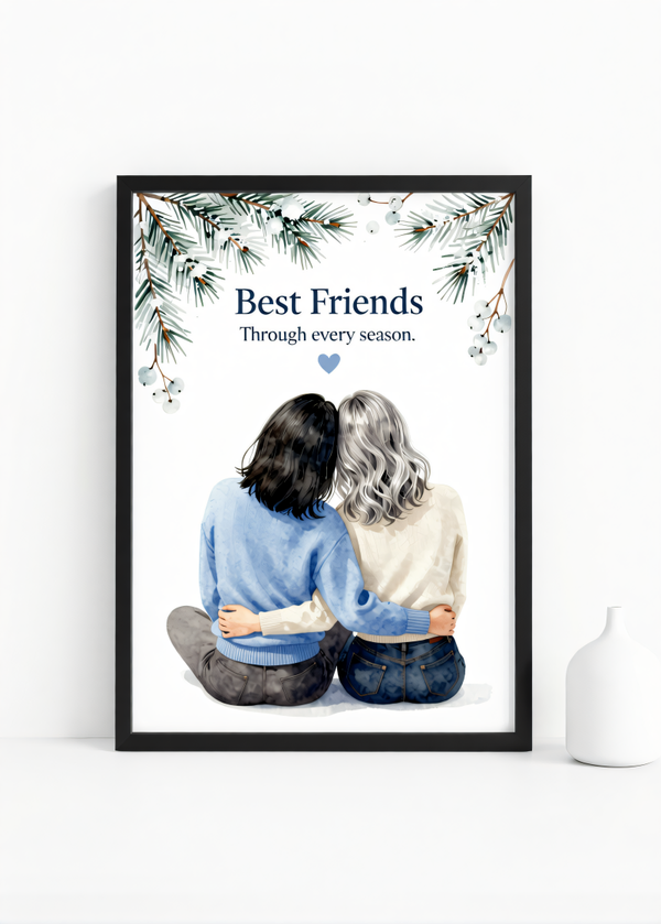 Best Friends Through Every Season” – Watercolor Friendship Wall Art Print | 230gsm Matte Paper | A6 / A5 / A4 / A3 Sizes | Framed or Unframed Options