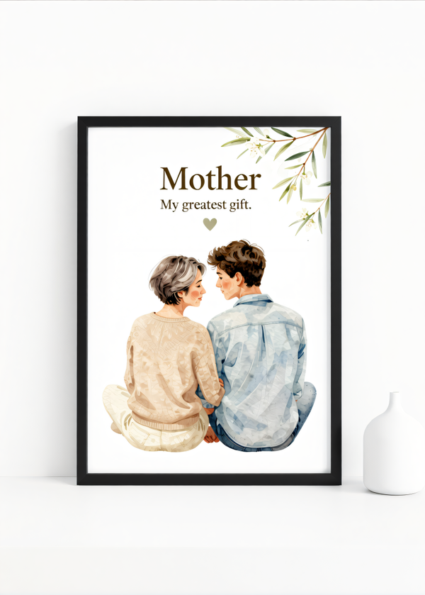Mother – My Greatest Gift” – Watercolor Mother-Son Wall Art Print | 230gsm Matte Paper | A6 / A5 / A4 / A3 Sizes | Framed or Unframed Options