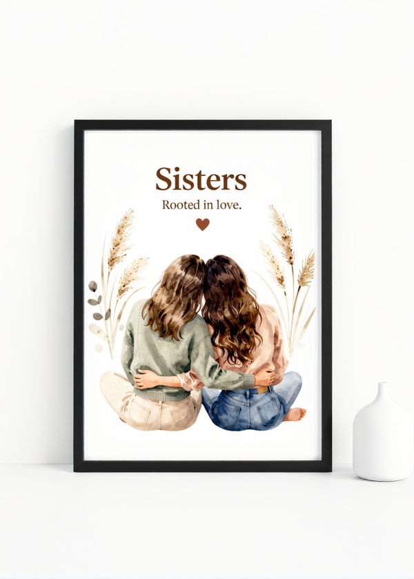 “Sisters – Rooted in Love” – Watercolor Sisterhood Wall Art Print | 230gsm Matte Paper | A6 / A5 / A4 / A3 Sizes | Framed or Unframed Options