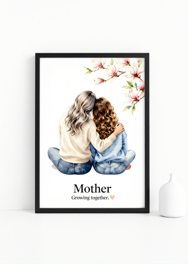 Mother – Growing Together” – Watercolor Mother-Daughter Wall Art Print | 230gsm Matte Paper | A6 / A5 / A4 / A3 Sizes | Framed or Unframed Options
