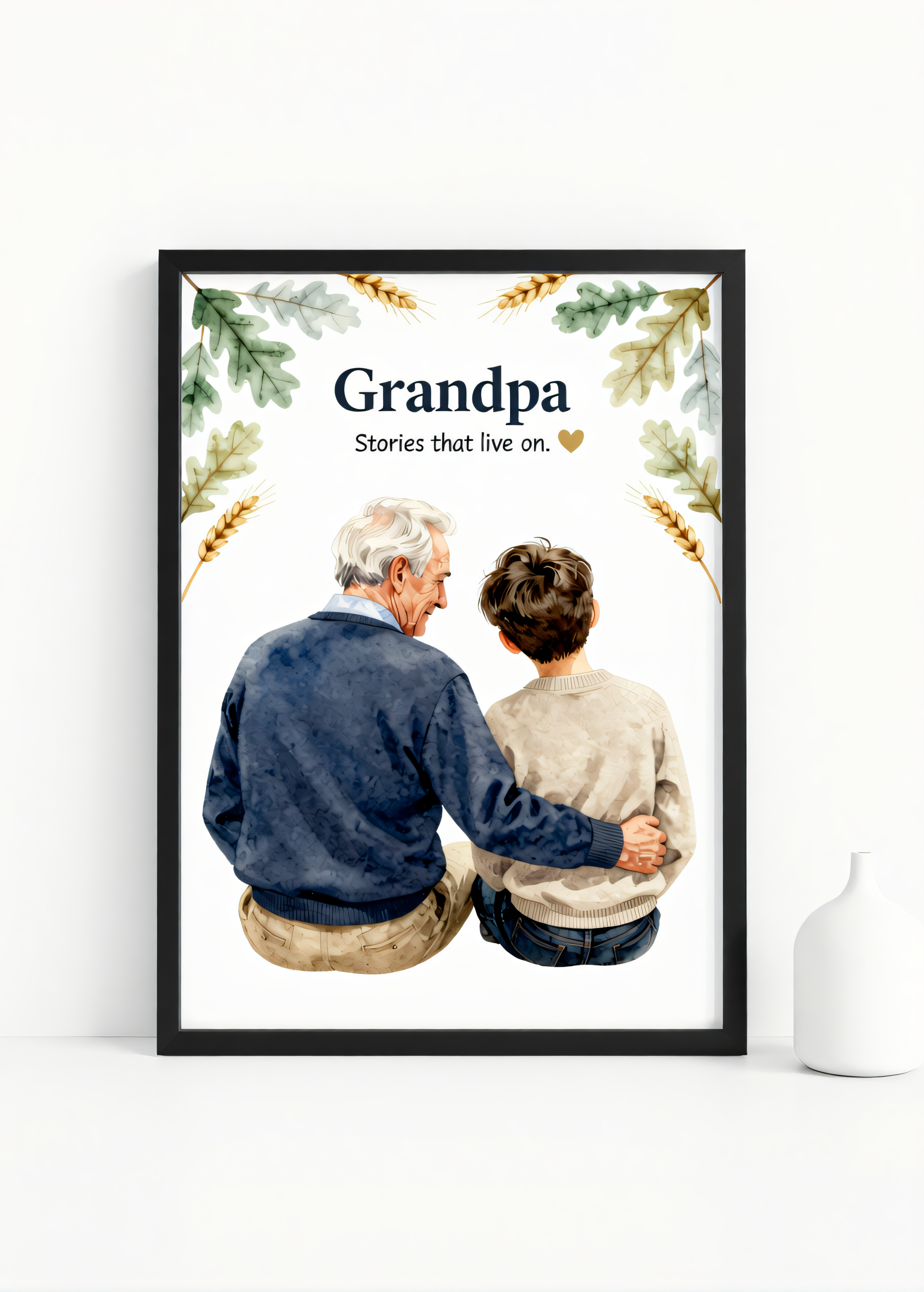 Grandpa – Stories That Live On” – Watercolor Grandfather-Grandson Wall Art Print | 230gsm Matte Paper | A6 / A5 / A4 / A3 Sizes | Framed or Unframed Options