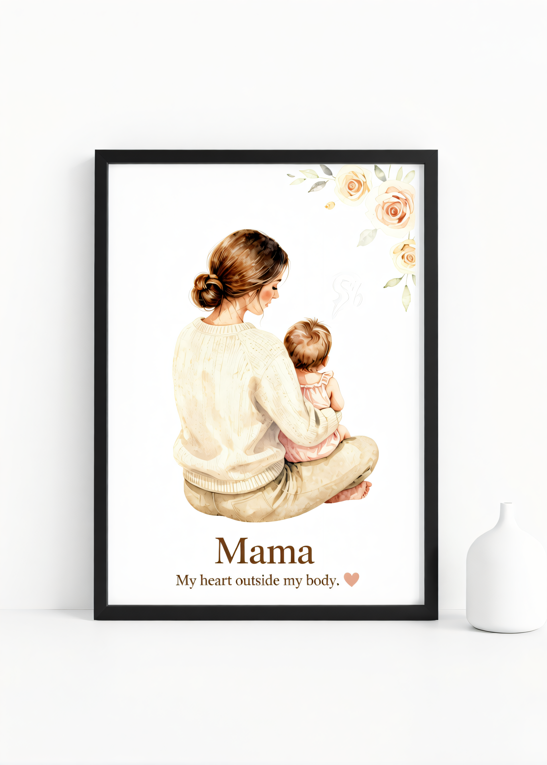 Mama – My Heart Outside My Body” – Watercolor Mother-Child Wall Art Print | 230gsm Matte Paper | A6 / A5 / A4 / A3 Sizes | Framed or Unframed Options