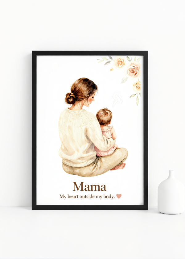 Mama – My Heart Outside My Body” – Watercolor Mother-Child Wall Art Print | 230gsm Matte Paper | A6 / A5 / A4 / A3 Sizes | Framed or Unframed Options