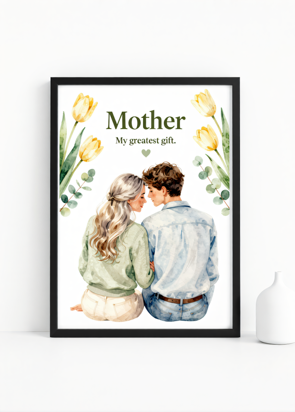 Mother – My Greatest Gift” – Watercolor Mother-Son Wall Art Print | 230gsm Matte Paper | A6 / A5 / A4 / A3 Sizes | Framed or Unframed Options