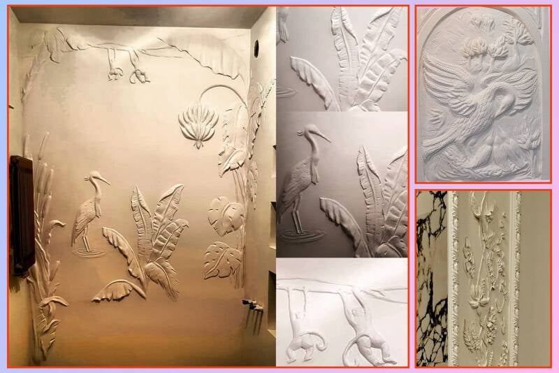 Płaskorzeźba ścienna z tynków mineralnych w łazience